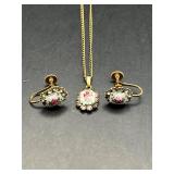 Vintage Guilloche pendant chain necklace earrings