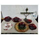 Menorah, Ruby Glassware, Plates