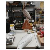Wood Carved Crane & Metal Pelican Display