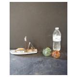 Wooden Boat Model & (2) Colorful Glass