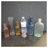Vintage Color Glass Bottles, Vases & Ink Well