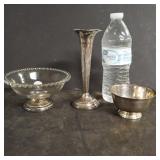 Sterling Base Dish, Sterling Vase & Sterling Bowl