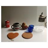 Pitcher w/ Silver Plate Lid, Sock Monkey Mugs,