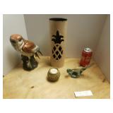Owl Figurine, Candles & Glass Bird