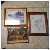 (2) Framed Deer Prints & Deer Clock