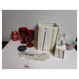 Red Glass Goblet Cups, Tissue Box Holder, Soap