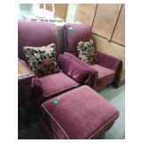Pair of Maroon Armchairs w/ottoman & Pillows