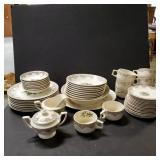 China Set White w/ Brown Trim and Pink Flower