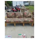 Rattan Sofa W/brown Floral Cushions - 74×34×30