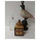 Masonic Style Bird Statue,  Glass Whiskey Bottle,