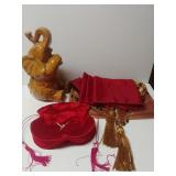 Elephant Statue, Table Runners, & Bag