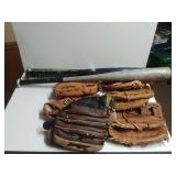 Sports Equipment - 6 Gloves & 3 Bats