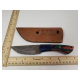 Damascus Steel Knife W/custom Handle & Sheath -