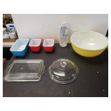 Pyrex Mixing Bowl, Refrigerator Glass, And Lids
