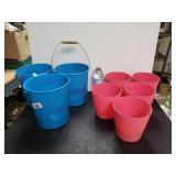 (5) Pink Plastic Flower Pots And (3) Blue Metal