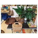 (5) Woven Wicker Basket, Leaf Arrangement,  And