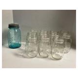 (11) Clear Glass Ball Mason Pint Jars & (1) Blue