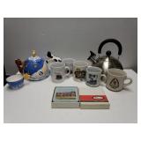 Metal Tea Kettle, (5) Souvenir Mugs, Cow Jumps