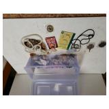 Plastic Storage Box w/jewelry, pins, Bush &