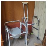 Walker, Portable Toilet Seat, And Crutches