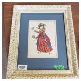 Framed Drawing Of A Dancing Lady Holding Flowers