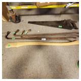 (4) Crowbars, Wood Handle, And A Hand Saw