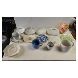 (10) Tea Cup Plates, (4) Mugs, And Creamer Dish