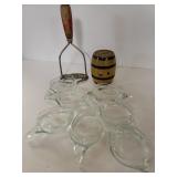 Glass Crab Butter Dishes, Potato Masher, Barrel