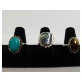 (3) Ladies Rings - Marked 925 - Abalone, Tiger