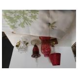 Red Desk lamp, Green/brown Tablecloth, Red Globe,