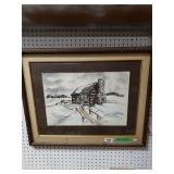 Rose Duster Log Cabin Winter Scene Painting