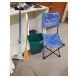 Folding Chair, Green Trash Can, Mop And Broom