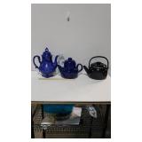 (2) Blue Tea Pots, And A Black Kettle