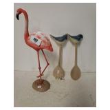 Pink Flamingo Statue & Blue Bird Wooden Fork And
