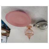 Pink Candy Dish, Plate & Silver Like Covered Dish
