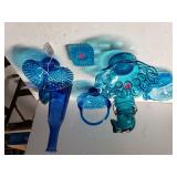 Assorted Blue Glassware- Basket, Bowls, Bottles