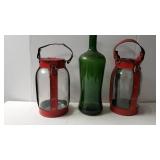 Green Glass Jar And Two Glass Candle Holders