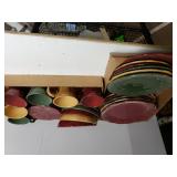 Red/tan/green Plates,  Bowls, Cups & Saucers