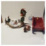 Wooden Slay, Santa And Rudolph Trinket, And