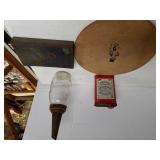 Glass Oil Container,  Mr. Peanut Wood Board,