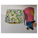 Metal Flowered Lunch Box & Decorative Metal Cow