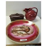 Tastefully Simple Small Dish, Burgundy Pitcher, &