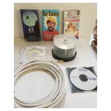Assorted VHS Tapes, Assorted Blank CDs, Cable