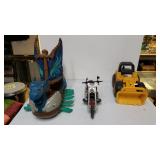 Toy CAT Bulldozer, Harley-Davidson Toy Bike, And