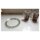 (2) Santa Mugs And Holly Plate