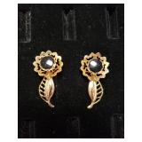 Vintage Black Onyx Flower Earrings - Twist Clasp