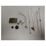 Costume Jewelry- Belt Buckle, Rings, Necklaces