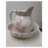 Red/white Flowered Wash Bowl & Pitcher