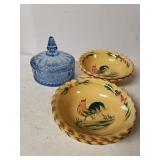 Rooster Cereal Bowls & Blue Glass Candy Dish