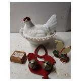 Vintage Milk Glass Nesting Hen, Rooster Hanging